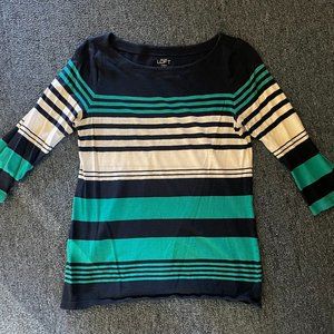 Ann Taylor LOFT navy/teal/white striped 3/4-sleeve shirt, size M